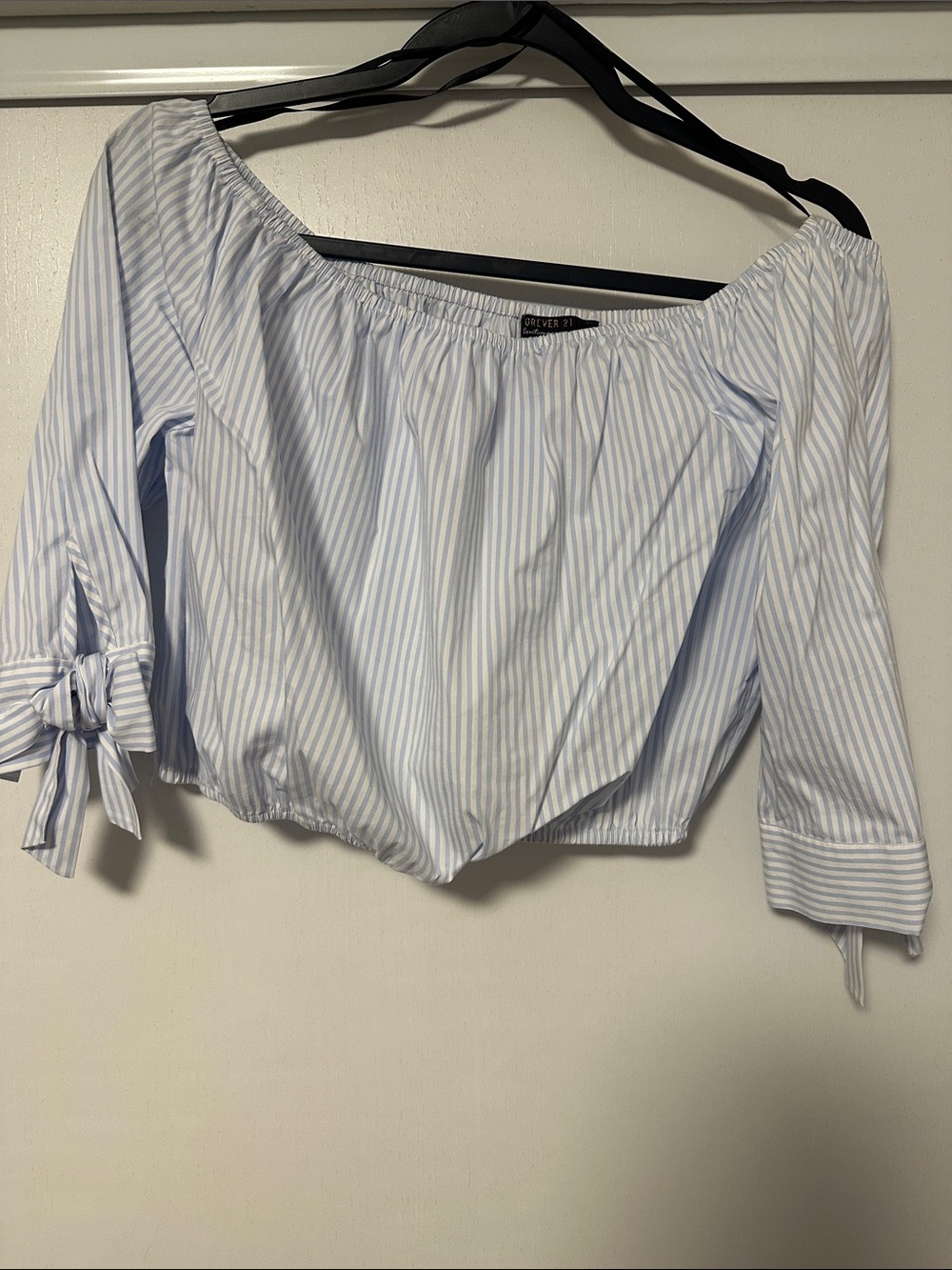 Forever 21 Striped Off-the-Shoulder Crop Top with 3/4 Sleeves with Bow